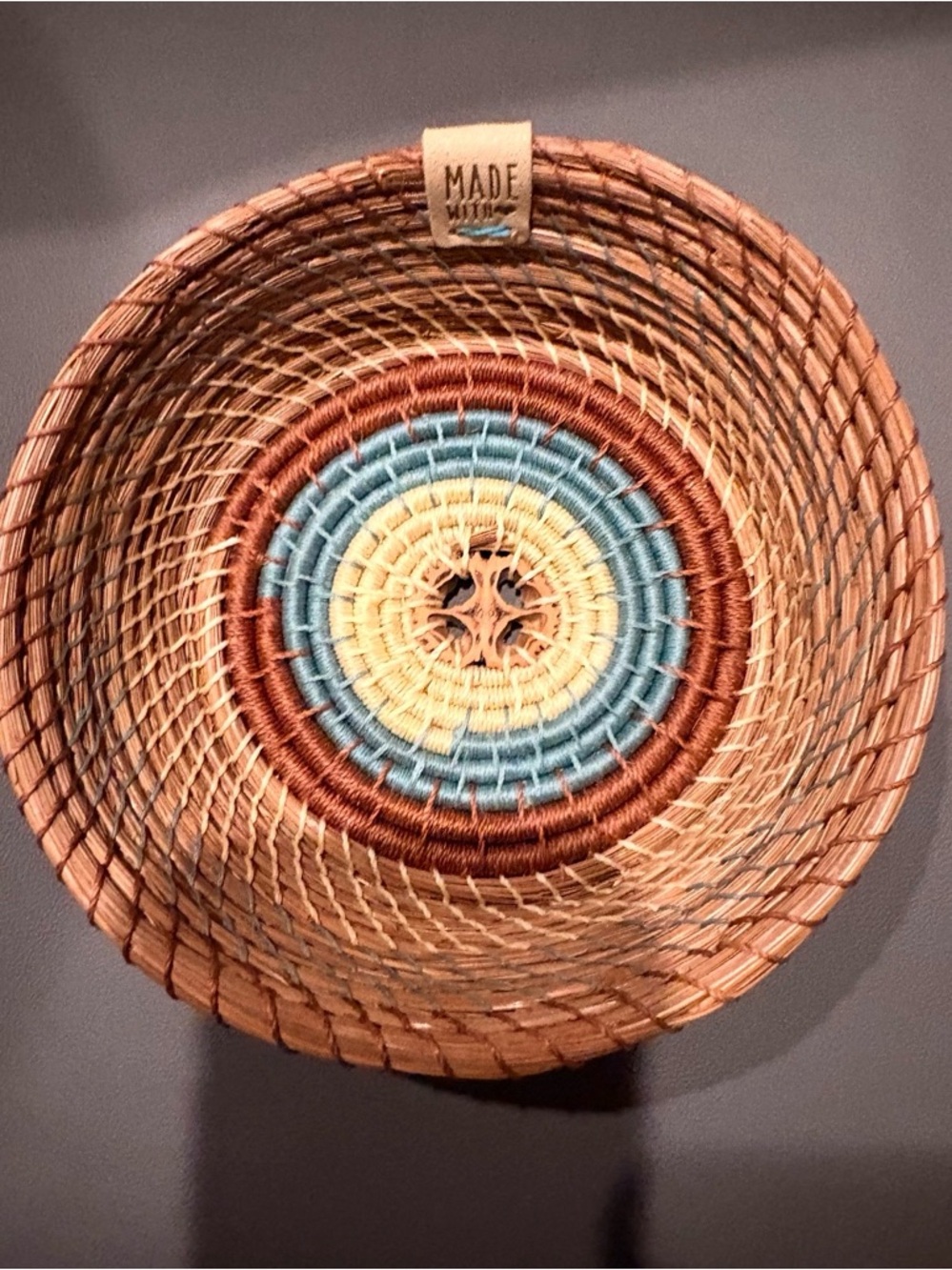 Handwoven Decorative Basket with Made With Tag - Blue, Brown, Cream